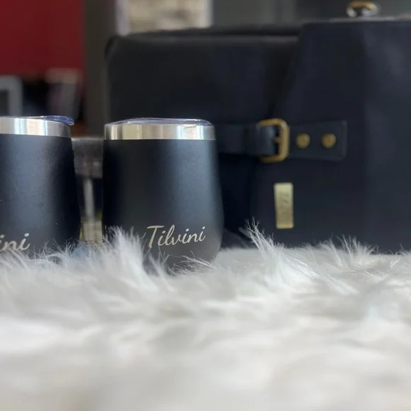 Tilvini Black Genuine Leather Insulated Wine Bag & Tumbler Set NWT - Picture 3 of 11